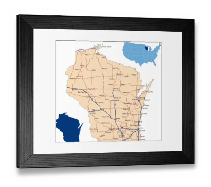 Framed Print : Wisconsin road map
