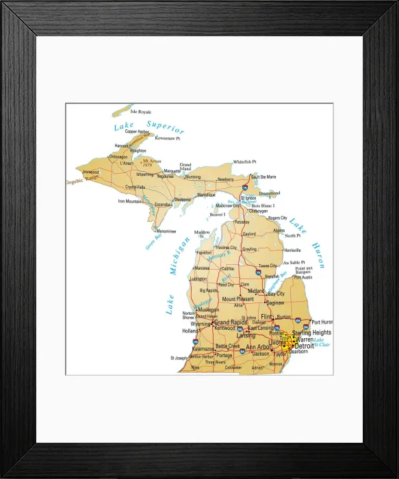 Framed Print : A detailed map of Michigan America Framed Print : A detailed map of Michigan America