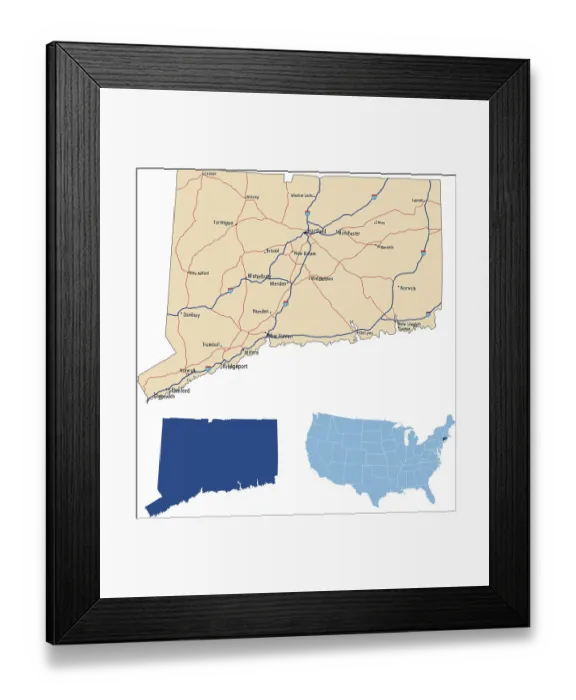 Framed Print : Connecticut road map