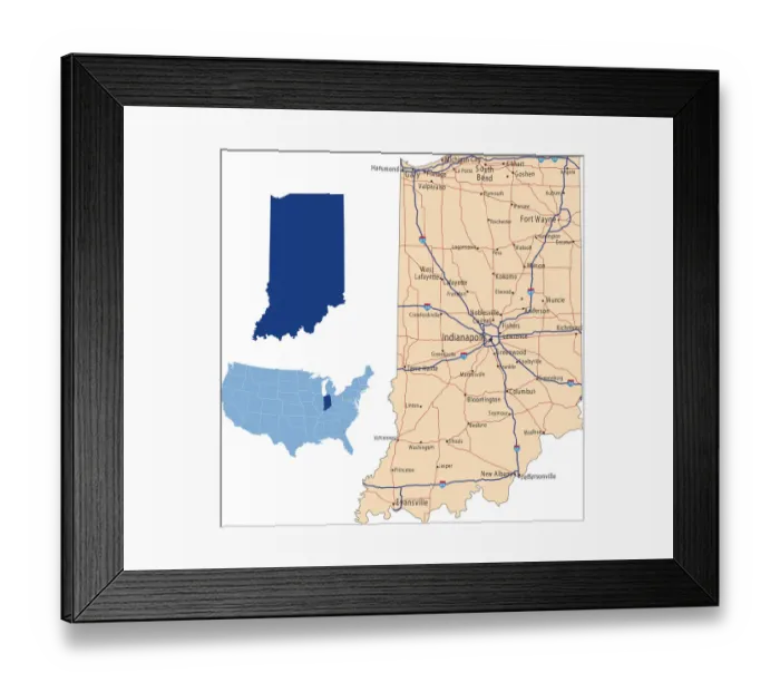 Framed Print : Indiana road map Framed Print : Indiana road map