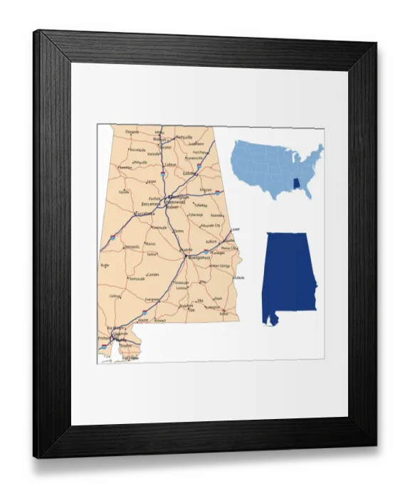 Framed Print : Alabama road map