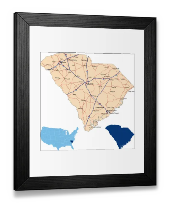 Framed Print : South Carolina road map Framed Print : South Carolina road map