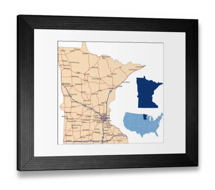 Framed Print : Minnesota road map Framed Print : Minnesota road map