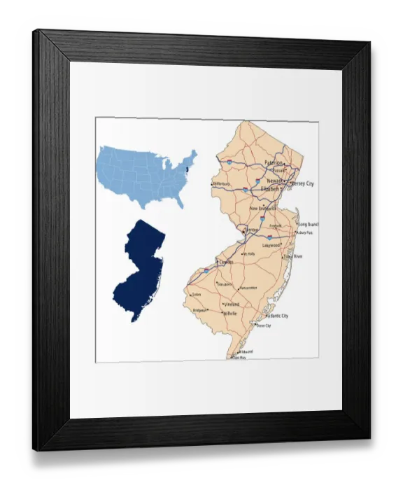 Framed Print : New Jersey road map Framed Print : New Jersey road map