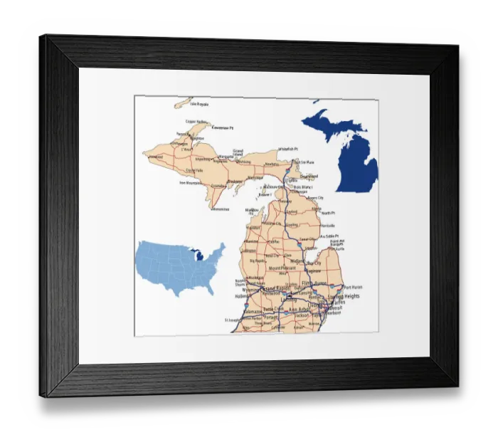 Framed Print : Michigan road map Framed Print : Michigan road map