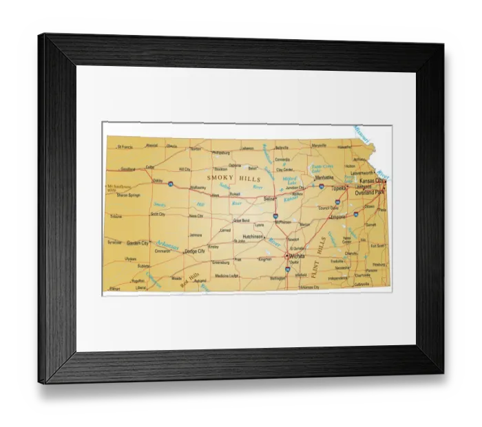 Framed Print : Map of Kansas Framed Print : Map of Kansas