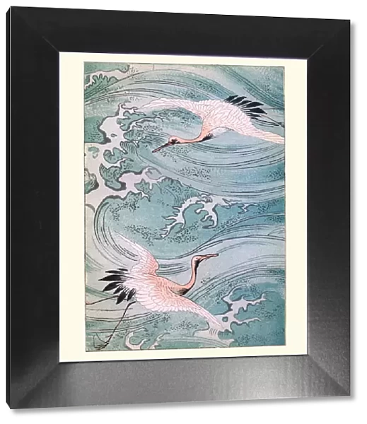 Japanese art, Storks Flying over water