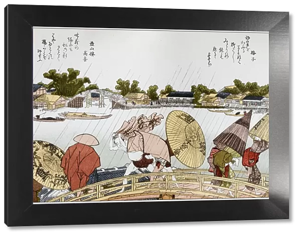 Antique Japanese Illustration: Makura bridge over the Sumida river by Hokusai