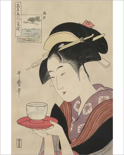 Antique Japanese Woodblock, woman serving tea