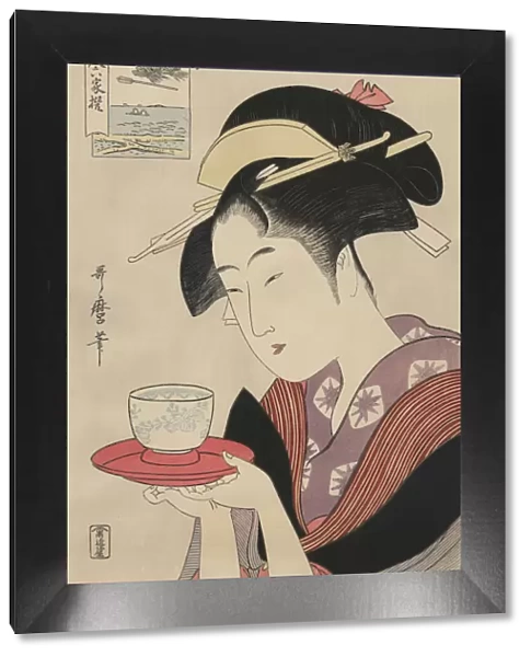 Antique Japanese Woodblock, woman serving tea