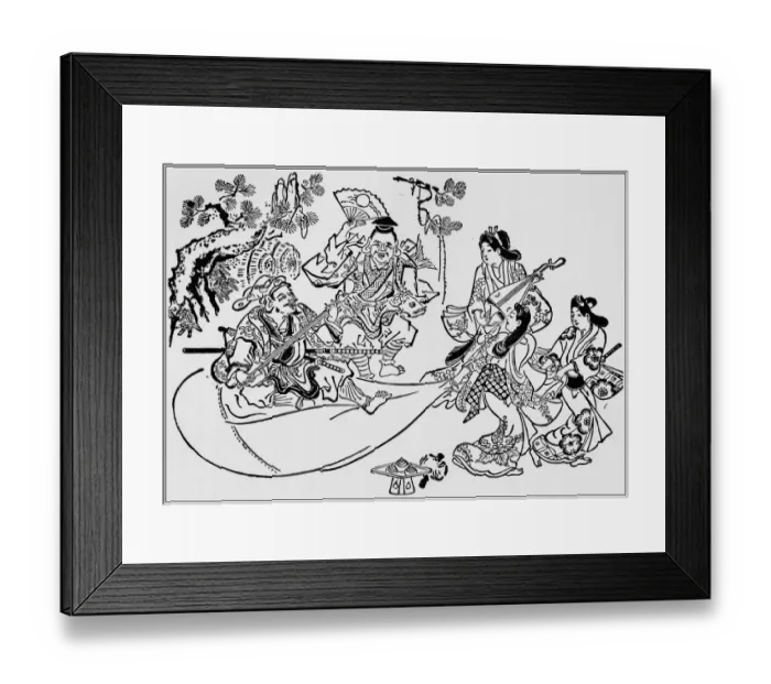 Framed Print : Antique Japanese Illustration: Divinities Daikoku and Ebisu by Hishikawa Moronobu (1680) Framed Print : Antique Japanese Illustration: Divinities Daikoku and Ebisu by Hishikawa Moronobu (1680)
