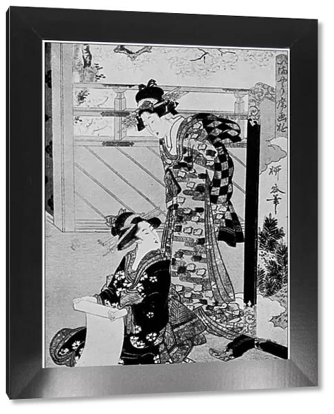 Antique Japanese Illustration: Women reading by Ryokuko