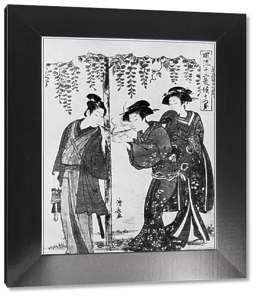 Antique Japanese Illustration: A samurai and two women by Torii Kiyonaga