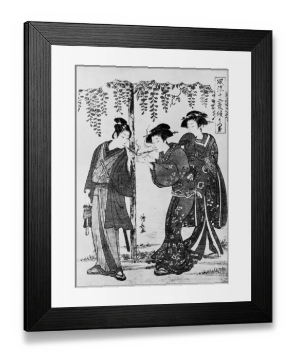 Framed Print : Antique Japanese Illustration: A samurai and two women by Torii Kiyonaga Framed Print : Antique Japanese Illustration: A samurai and two women by Torii Kiyonaga