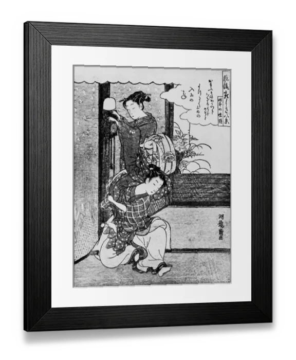Framed Print : Antique Japanese Illustration: Winding a clock by Koriusai Framed Print : Antique Japanese Illustration: Winding a clock by Koriusai