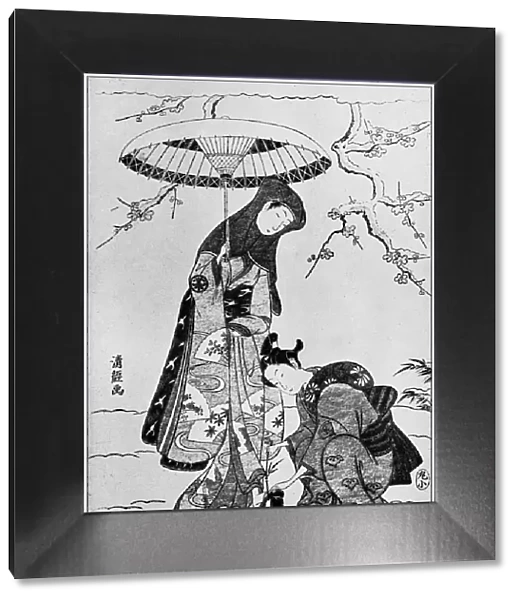 Antique Japanese Illustration: Two women in winter by Torii Kiyotsune