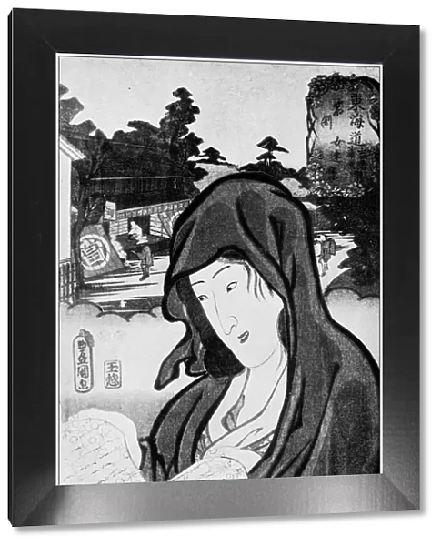 Antique Japanese Illustration: Woman in costume of Daruma by Kunisada