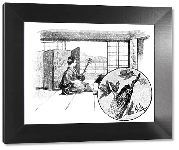 Antique dotprinted watercolor illustration of Japan: Woman with Shamisen guitar