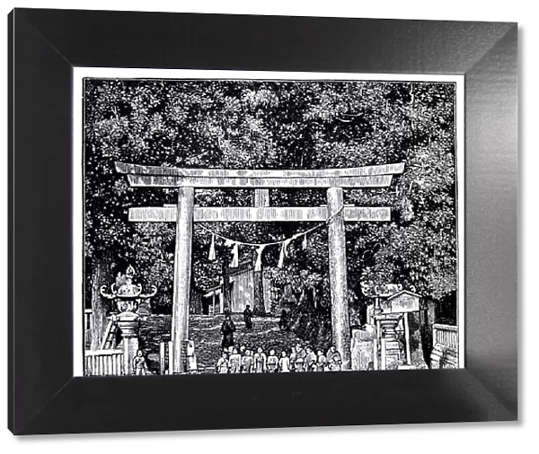 Antique illustration of Torii of temple, Suwa (Japan)