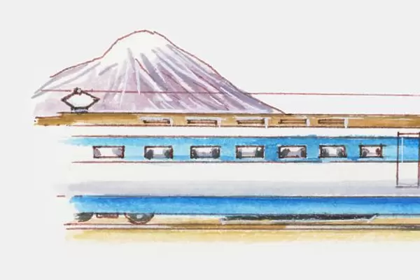 city, electric train, high speed train, horizontal, japan, mountain, no people, outdoors