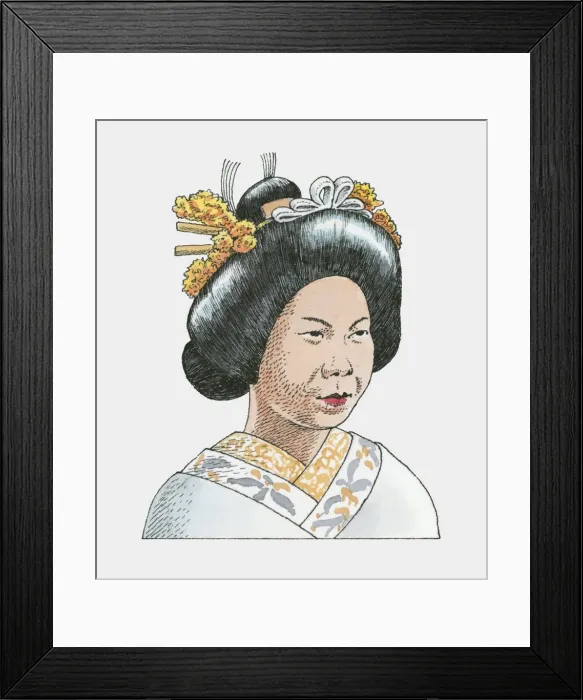 Framed Print : bride, celebration, elegance, head and shoulders, headdress, ink and brush, japanese ethnicity