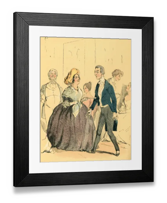 Framed Print : Mature Victorian lady prodding a young man with her fan Framed Print : Mature Victorian lady prodding a young man with her fan