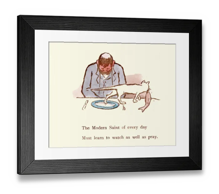 Framed Print : Victorian satirical cartoon, Cat stealing man lunch Framed Print : Victorian satirical cartoon, Cat stealing man lunch