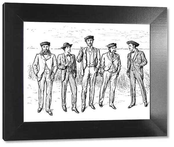 Five bewhiskered Victorian men standing in a line