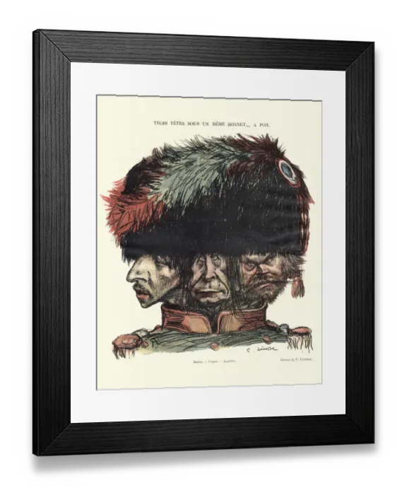 Framed Print : French satirical cartoon - Three heads under one hat Framed Print : French satirical cartoon - Three heads under one hat