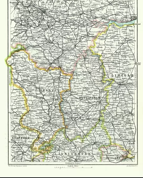 Antique map, West Yorkshire, Derby, Nottingham, Lincoln, 19th Century
