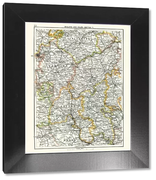 Antique map, Leicester, Warwick, Northampton, Oxford, Buckingham 19th Century