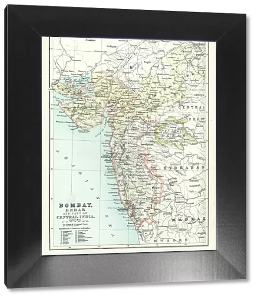 Antique map of Bombay, India, 19th Century