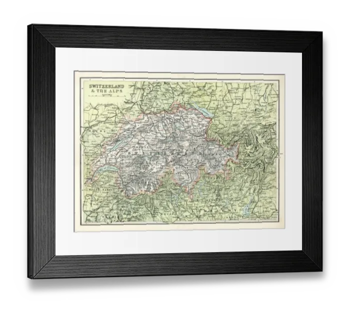Framed Print : Antique map of Switzerland and the Alps Framed Print : Antique map of Switzerland and the Alps