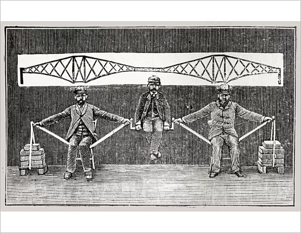 Three men demonstrating suspension bridge