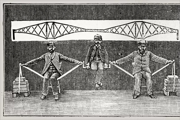 Three men demonstrating suspension bridge