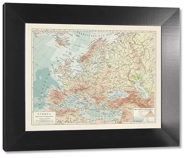 Topographic map of Europe, lithograph, published in 1897