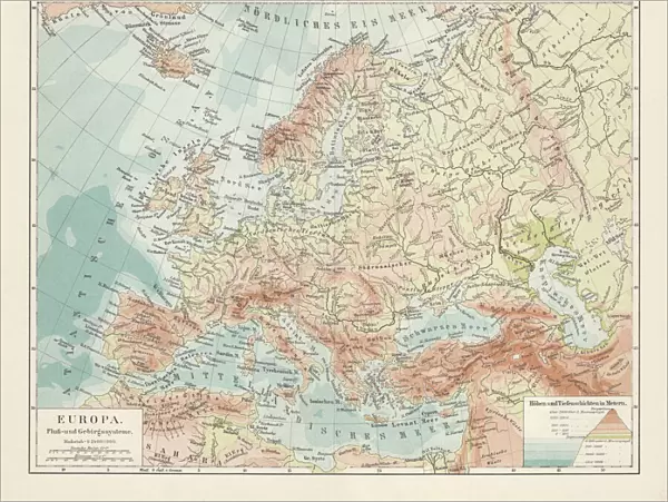 Topographic map of Europe, lithograph, published in 1897
