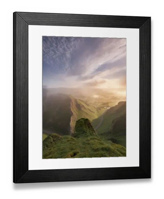 Framed Print : Rock and mist on Winnats Pass at sunrise, English Peak District. UK Framed Print : Rock and mist on Winnats Pass at sunrise, English Peak District. UK