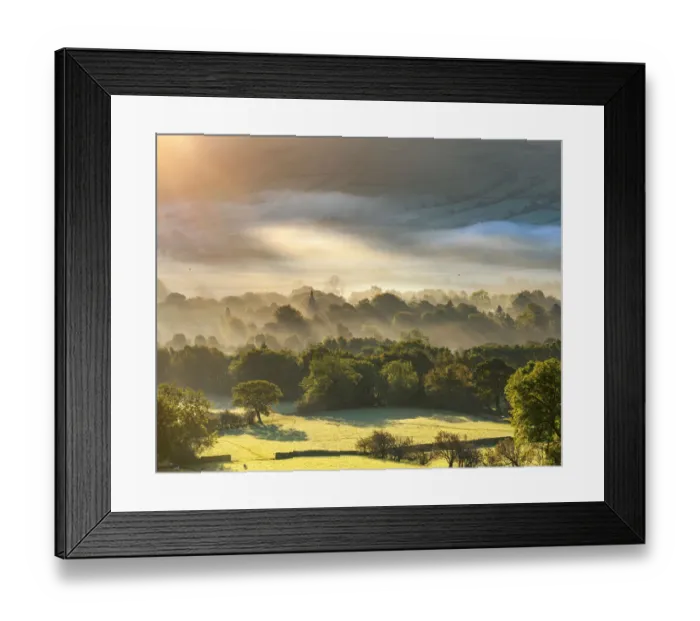 Framed Print : Edale village sunrise with mist and fog and golden light at sunrise. English Peak District. UK Framed Print : Edale village sunrise with mist and fog and golden light at sunrise. English Peak District. UK