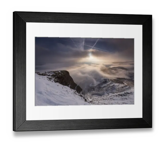 Framed Print : Winter sunrise with fog and snow on Mam Tor in the English Peak District. UK Framed Print : Winter sunrise with fog and snow on Mam Tor in the English Peak District. UK