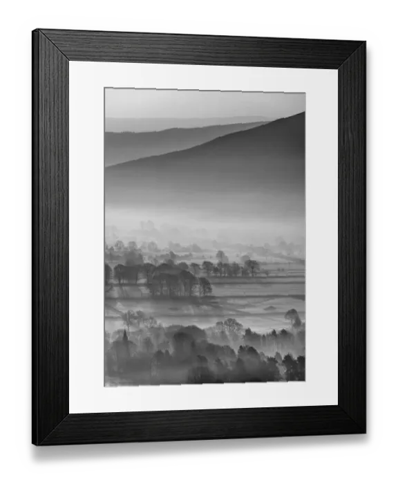 Framed Print : Misty Edale vally in black and white, English Peak District. UK Framed Print : Misty Edale vally in black and white, English Peak District. UK