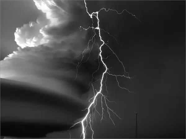 Broken Bow storm with massive lightning bolt. Nebraska. USA