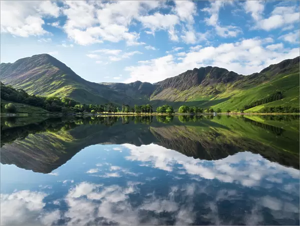 Buttermere lake early morning reflections. A beautiful summer morning with Fleetwith Pike and Haystacks mountains covered in purple heather. Lake District National park. UK. Europe
