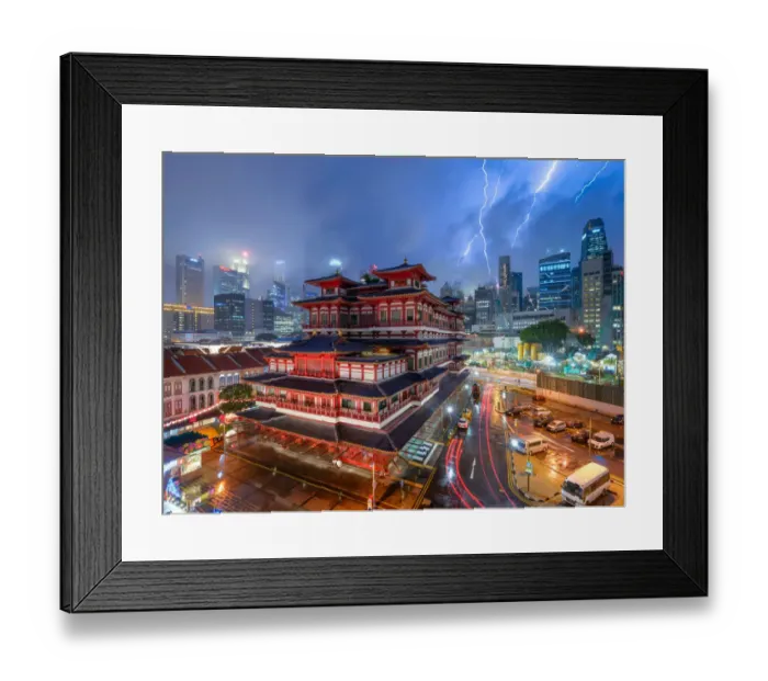 Framed Print : Raikou. Lightning storm over Buddhas Tooth Relic Temple in Chinatown during Framed Print : Raikou. Lightning storm over Buddhas Tooth Relic Temple in Chinatown during