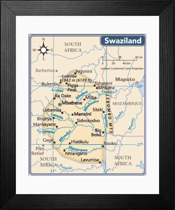 Framed Print : Swaziland country map