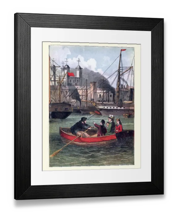 Framed Print : Victorian family being rowed across the Thames to Tower of London Framed Print : Victorian family being rowed across the Thames to Tower of London