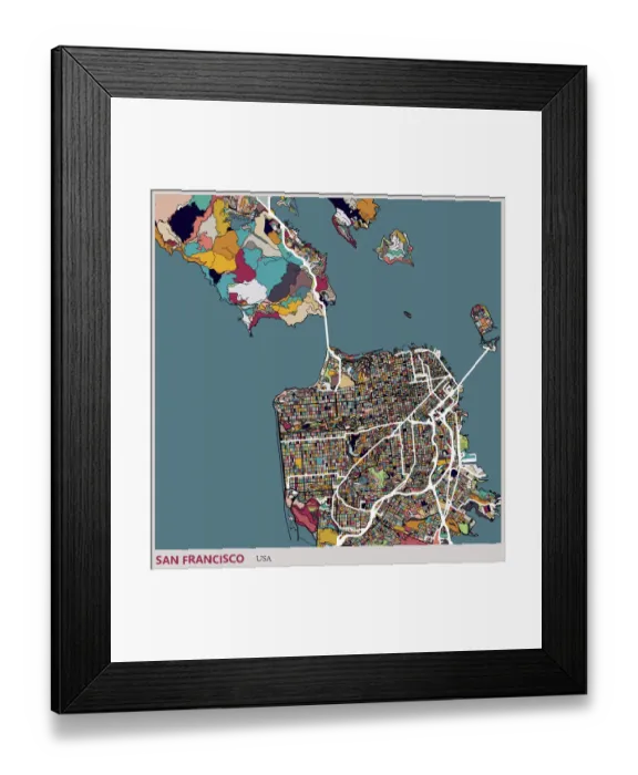 Framed Print : Illustration style map, San francisco city