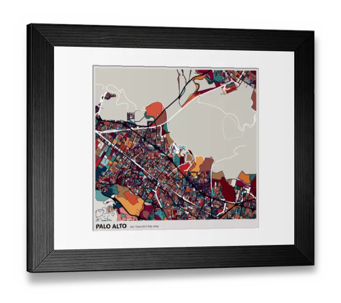 Framed Print : colorful Palo alto city art map