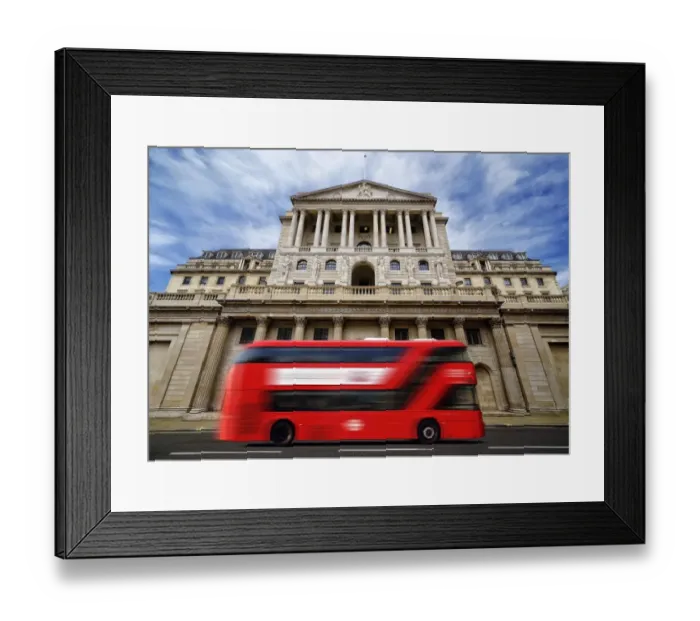 Framed Print : Bank of England with a passing red London double-decker bus, London, England, United Kingdom Framed Print : Bank of England with a passing red London double-decker bus, London, England, United Kingdom