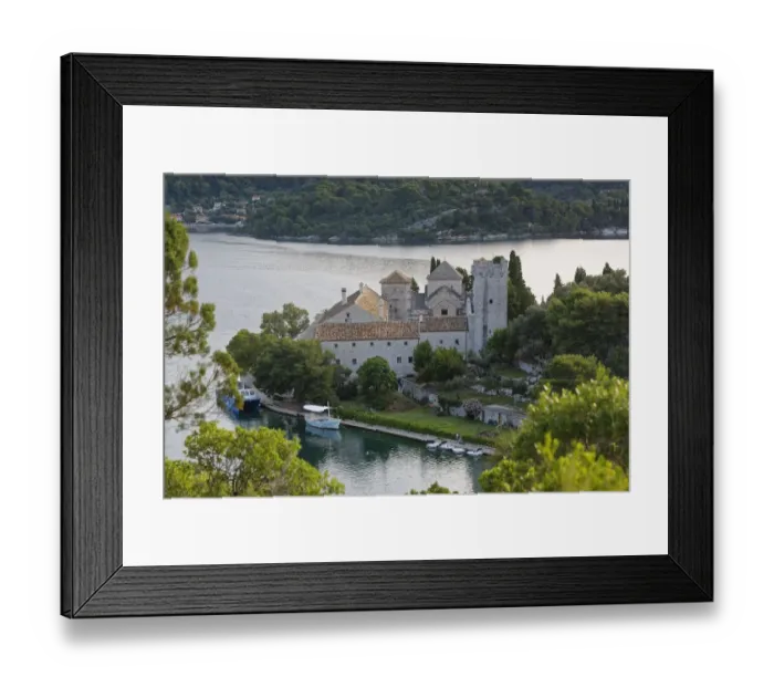 Framed Print : Benedictine monastery on the island of St. Maria in Veliko Jezero, Great Lake, National Park Mljet, Mljet Island, Dubrovnik-Neretva, Dalmatia, Croatia Framed Print : Benedictine monastery on the island of St. Maria in Veliko Jezero, Great Lake, National Park Mljet, Mljet Island, Dubrovnik-Neretva, Dalmatia, Croatia